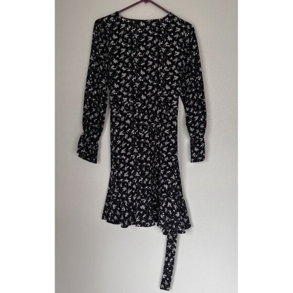 Women's Floral Dress Long Sleeve Mock‎ Neck Mini Dress Tie Small Black White - Picture 2 of 8